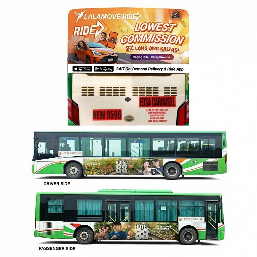 EDSA Carousel Bus Advertising: EDSA Carousel is a bus rapid transit system, part of several bus routes in Metro Manila, it is situated along EDSA and other roads, running on a dedicated right-of-way called the EDSA Busway, separated from normal road traffic in most of its stretch by concrete barriers and steel bollards on the innermost lane.