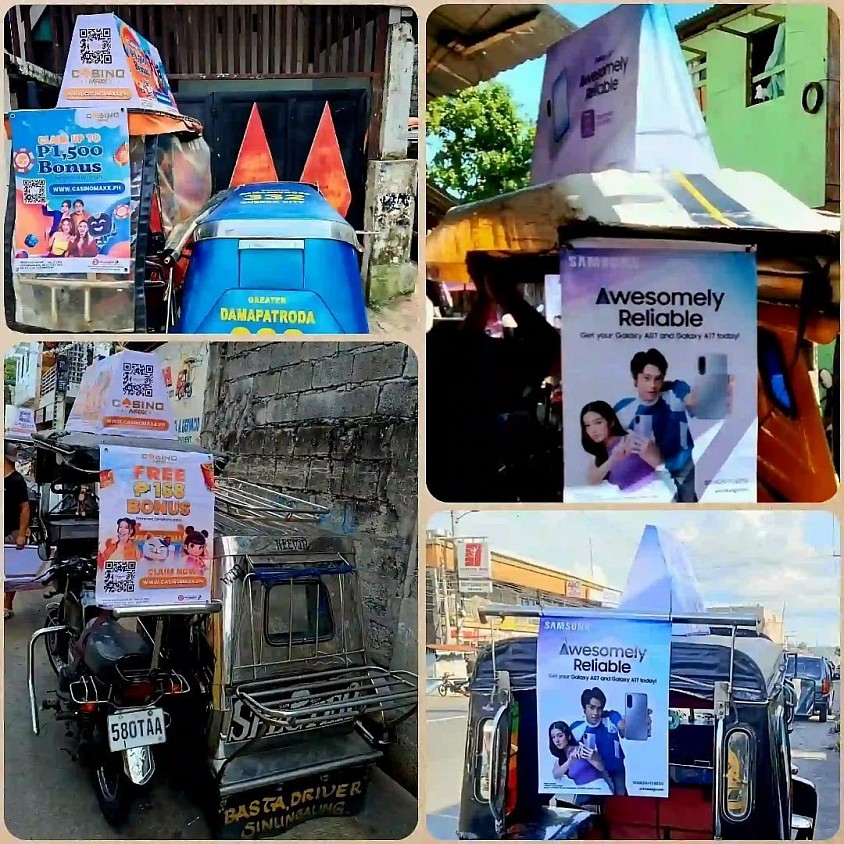 Tricycle Topper and Drop-Down Rear Tarp Advertising: This is a popular and effective way for businesses to reach local audiences. Tricycles are a common mode of transportation in many cities and towns, making them an excellent mobile advertising platform.